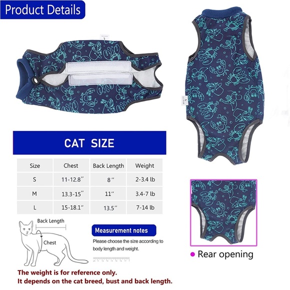 New Cat Surgery Recovery Suit Cat Onesie E-Collar Alternative Dark Blue - Med - Picture 2 of 4